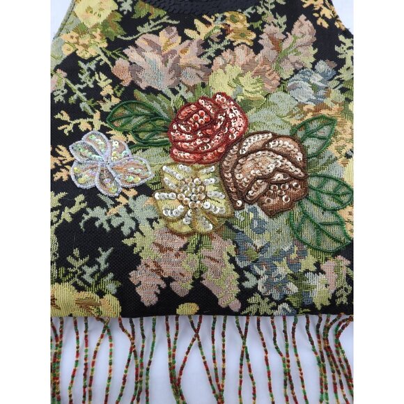 Vintage Prezzo Floral Tapestry Sequin Emplished Fringe Beaded Festival Bag - Picture 2 of 10